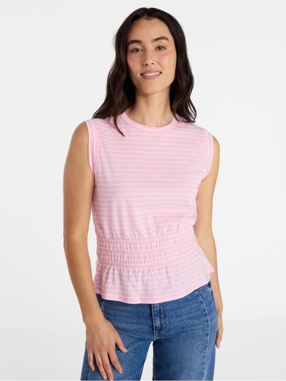 Time and Tru Pink Striped Smocked Waist Sleeveless Top